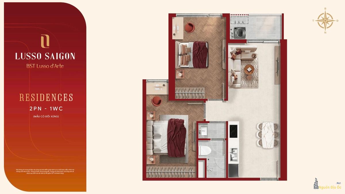 Layout căn hộ 2PN 1WC Lusso D'Arte