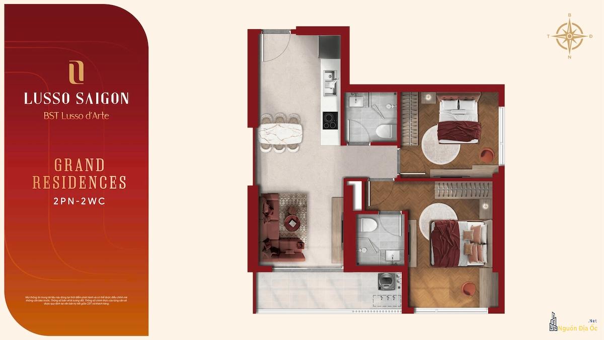 Layout căn hộ 2PN 2W Lusso D'Arte