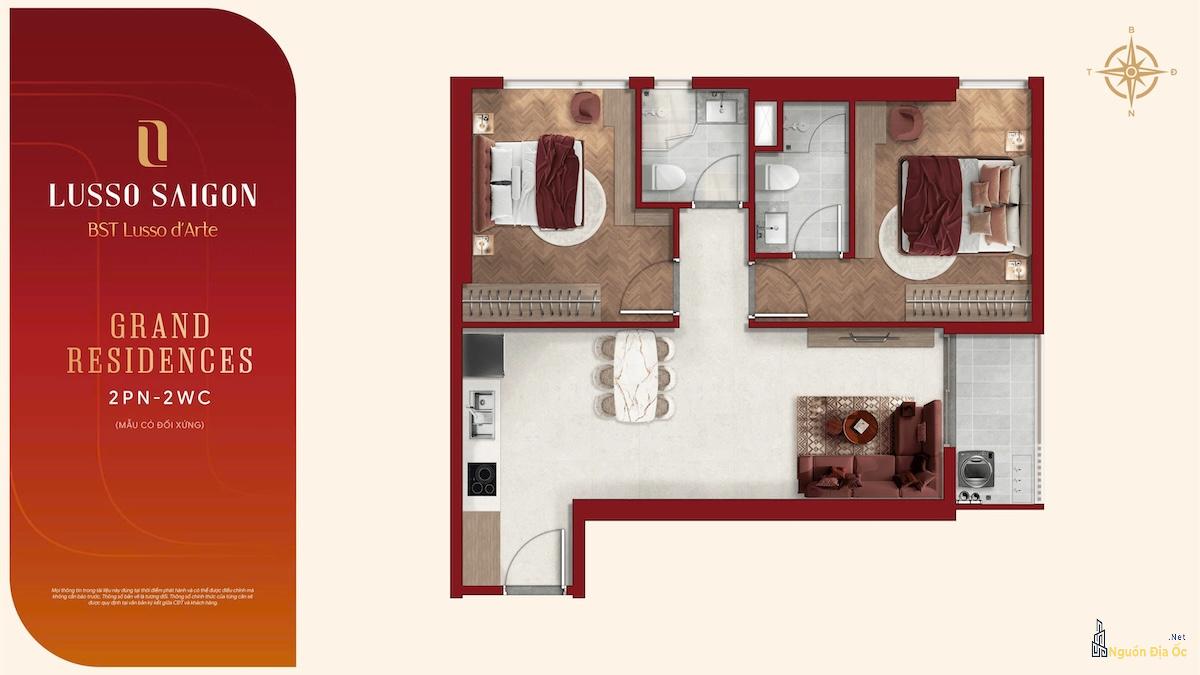 Layout căn hộ 2PN 2WC Lusso D'Arte