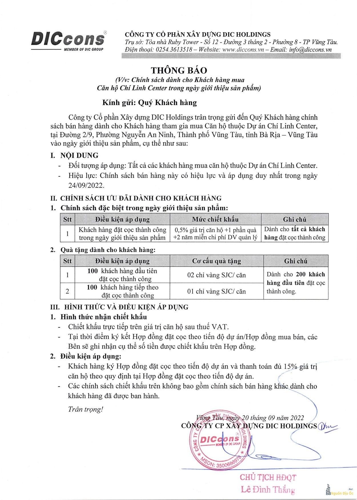 Chính sách ngày mở bán Chí Linh Center